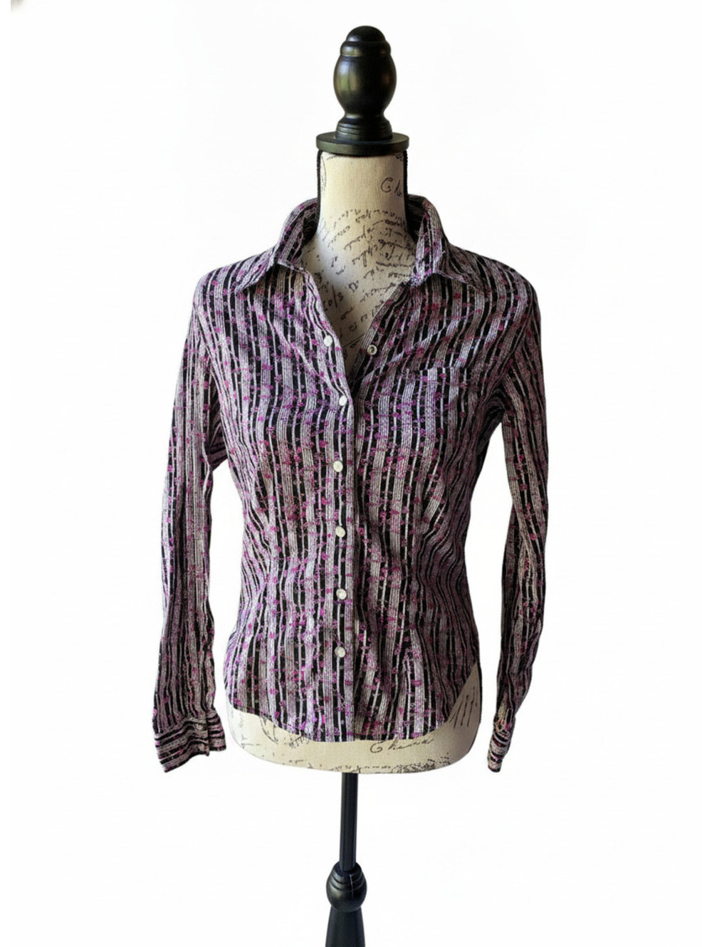 Angie Y2K Fitted Long Sleeve Button-Up Shirt with Pink Floral and Stripe Pattern
